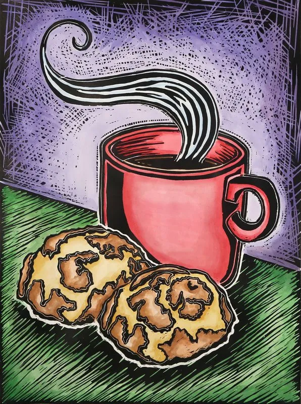 Hora del Cafecito | Relief Print and Watercolor | 18" x 24" | 2018